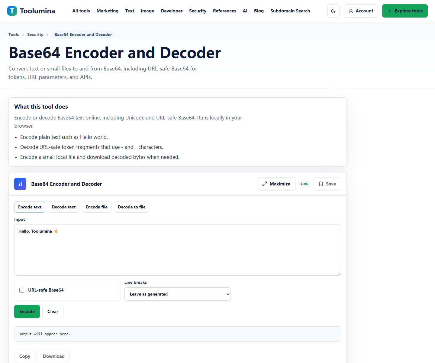 Toolumina Base64 Encoder and Decoder page with text input and output controls