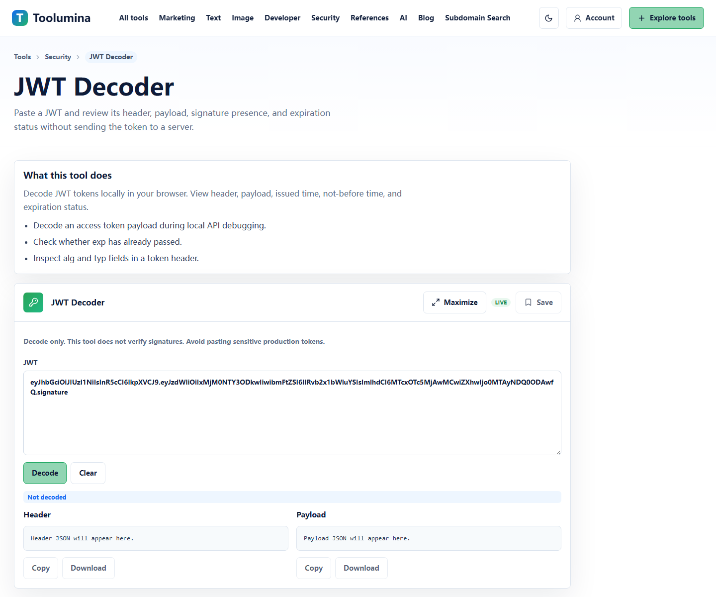 Toolumina JWT Decoder page for reading token header and payload claims