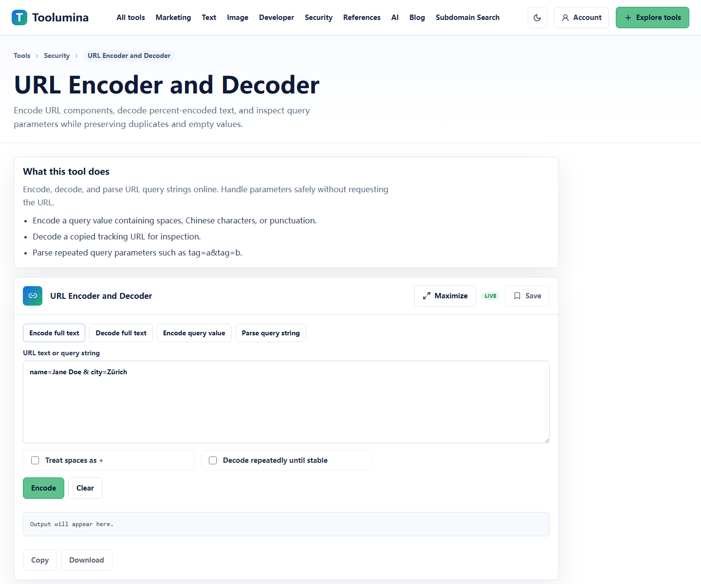Toolumina URL Encoder and Decoder page for inspecting percent-encoded URLs