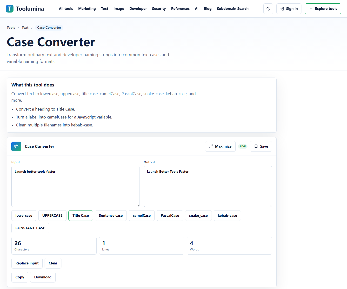 Toolumina Case Converter page for converting text between common case styles