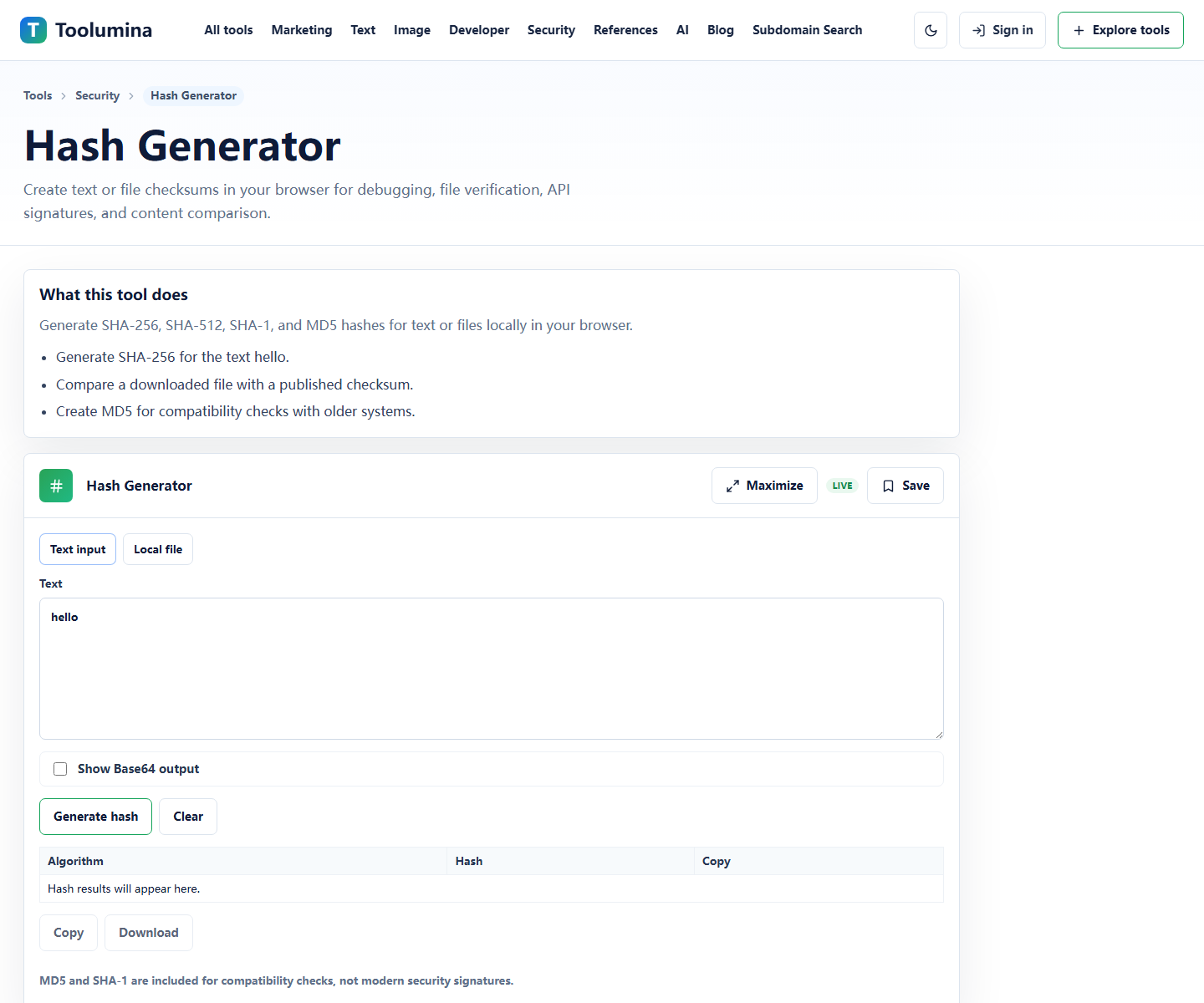 Toolumina Hash Generator page with local input and hash output controls