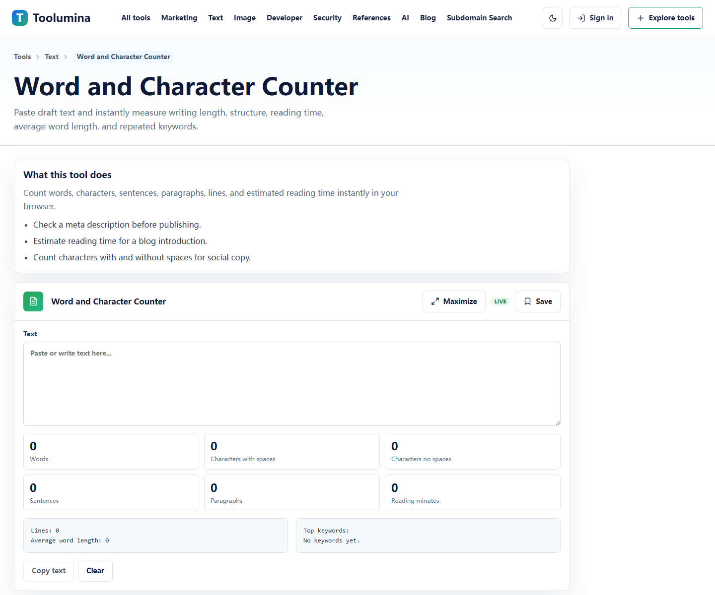 Toolumina Word and Character Counter page for counting text locally in the browser
