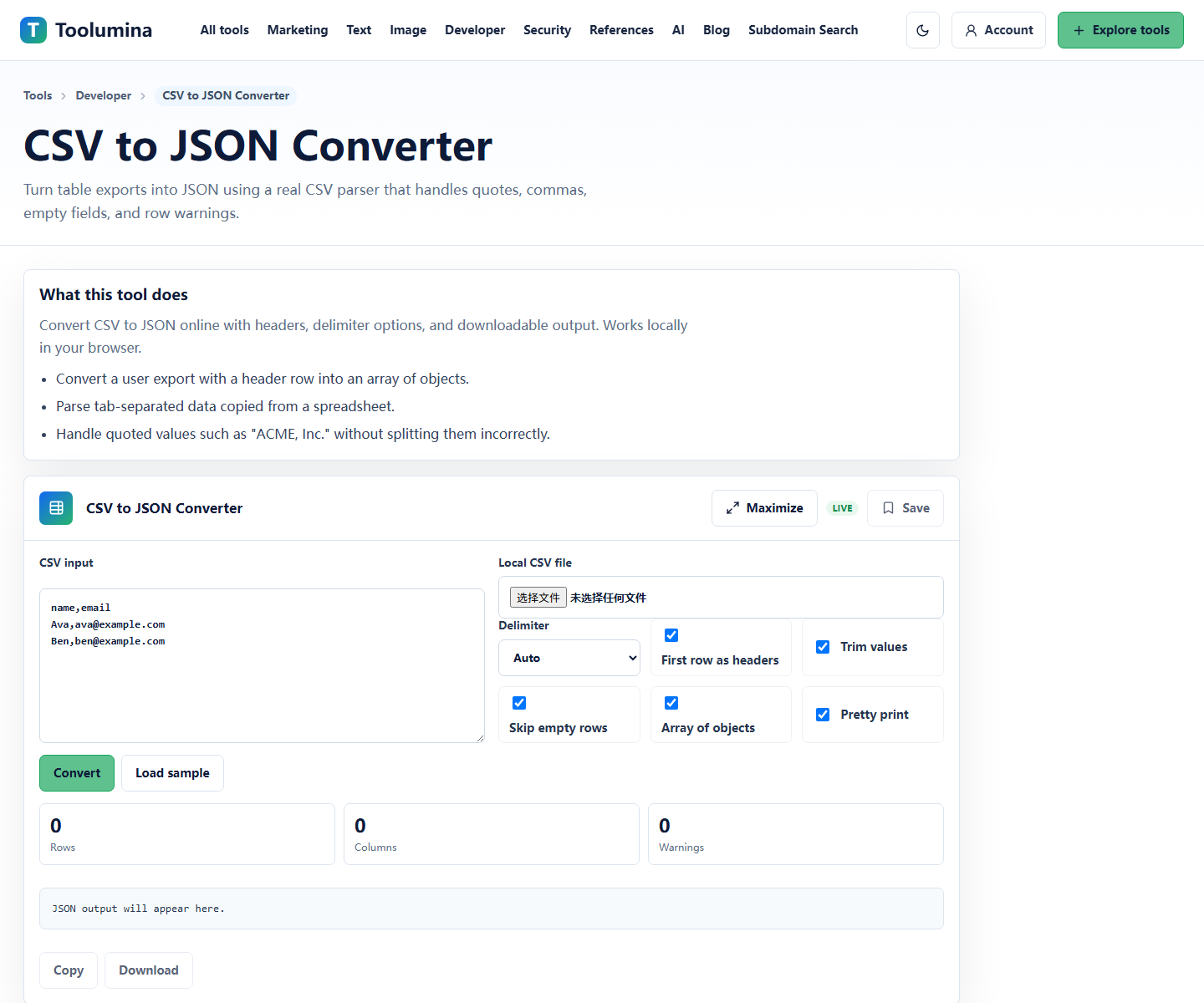 Toolumina CSV to JSON Converter page showing CSV input and JSON output