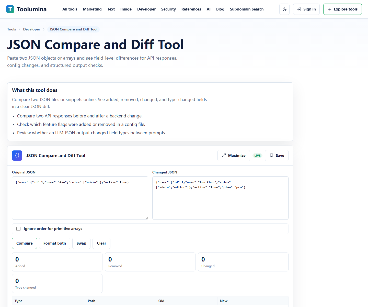 Toolumina JSON Compare and Diff Tool page for reviewing before-and-after structured data
