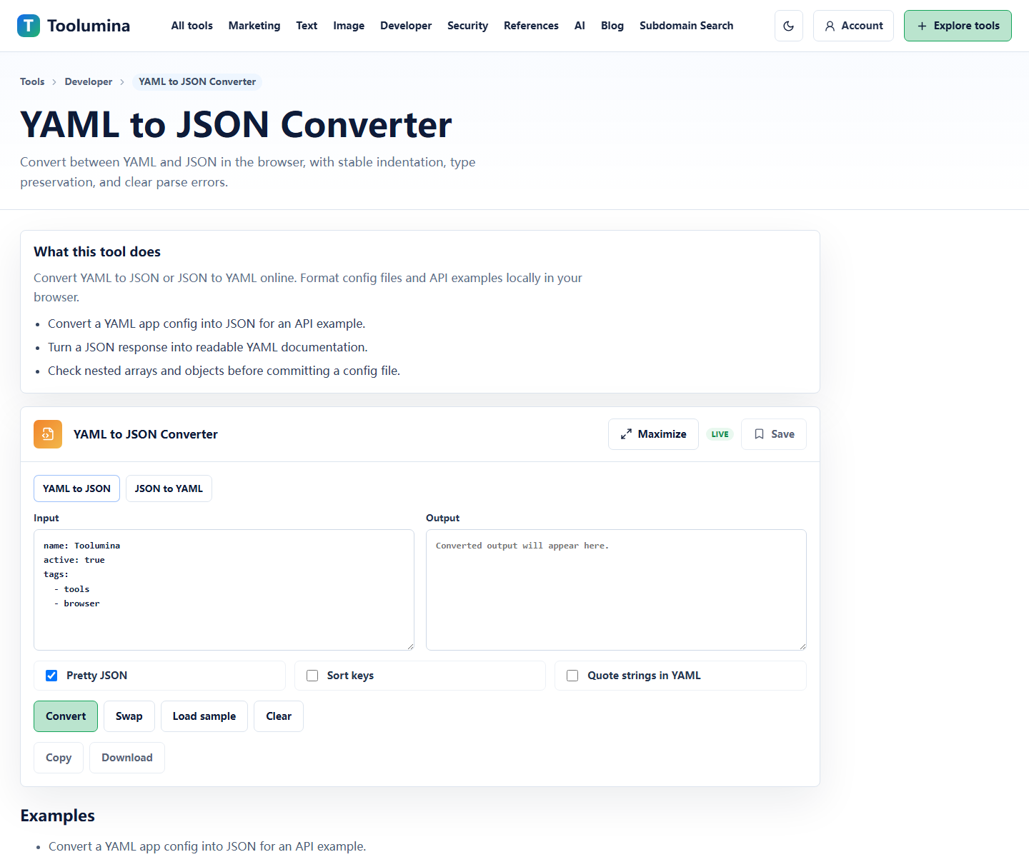 Toolumina YAML to JSON Converter page for converting configuration-style text into JSON