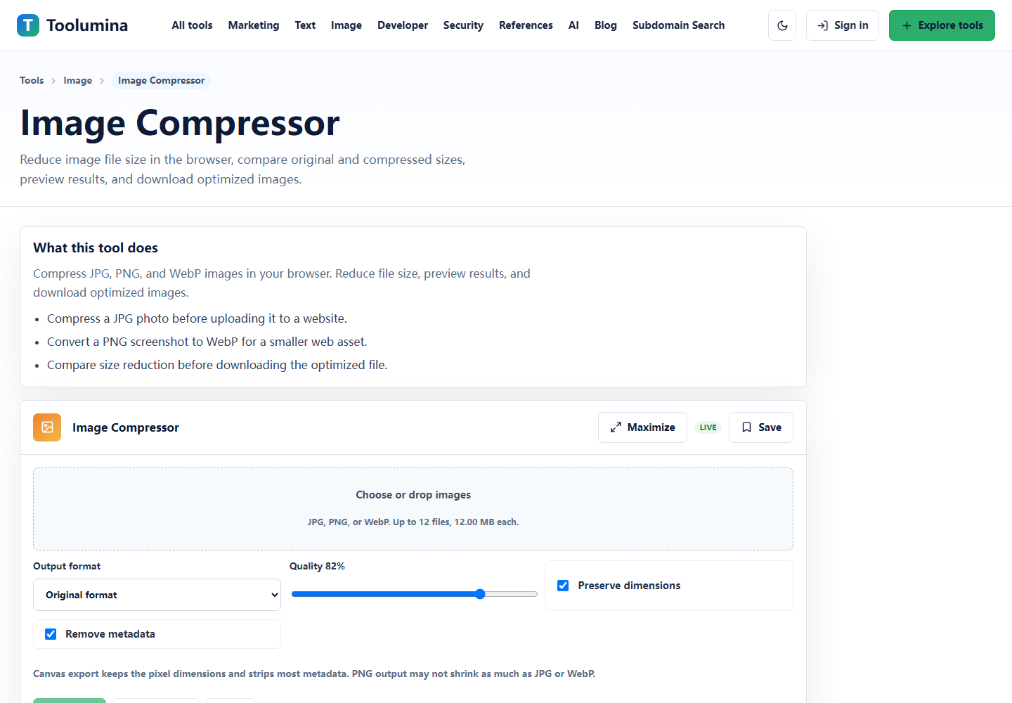 Toolumina Image Compressor page with compression settings and preview notes
