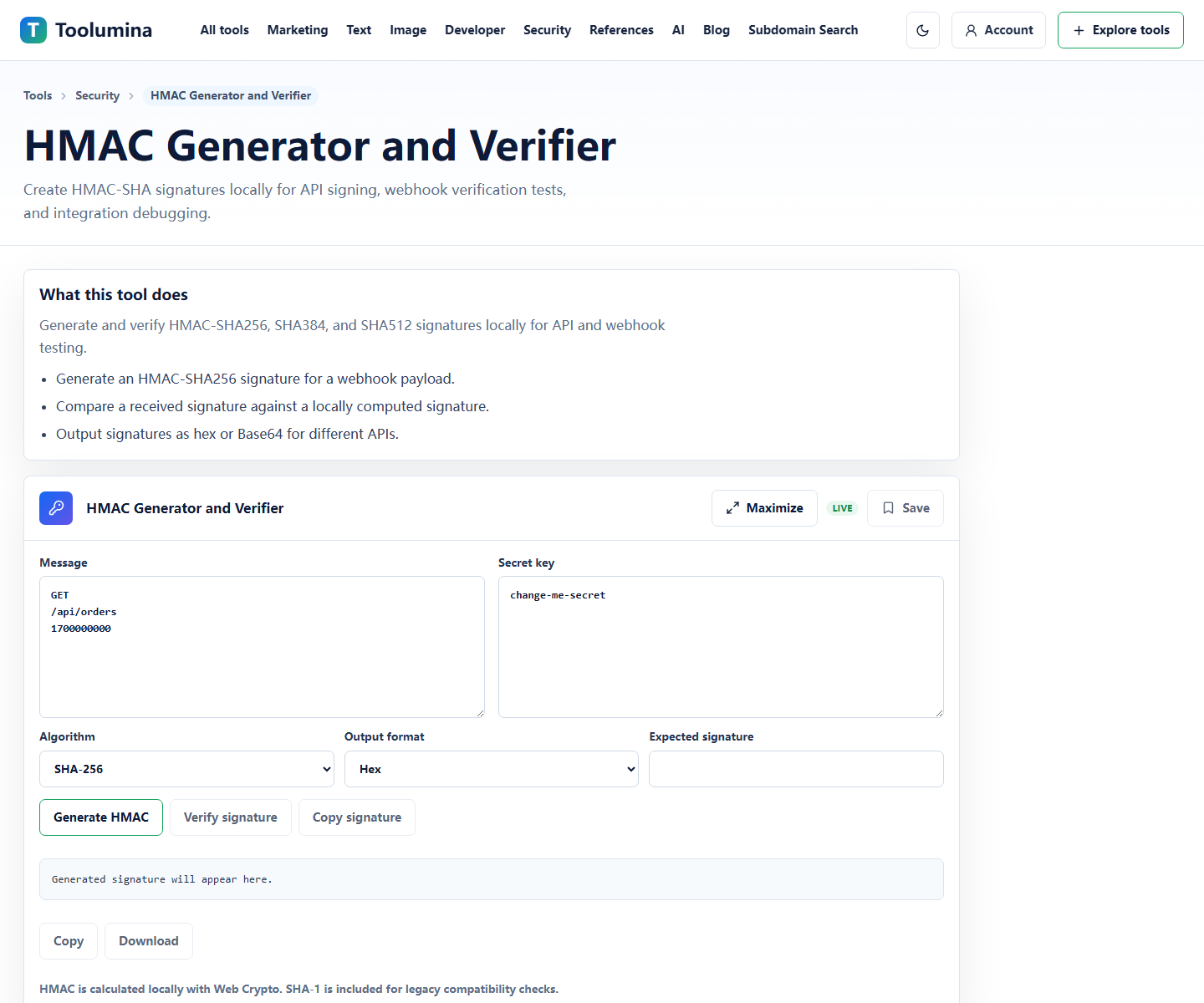 Toolumina HMAC Generator and Verifier page for checking keyed message signatures