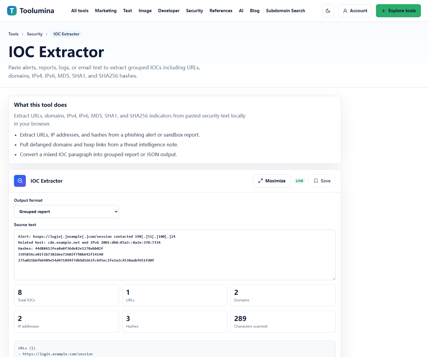 Toolumina IOC Extractor page extracting URLs, domains, IP addresses, and hashes from pasted alert text