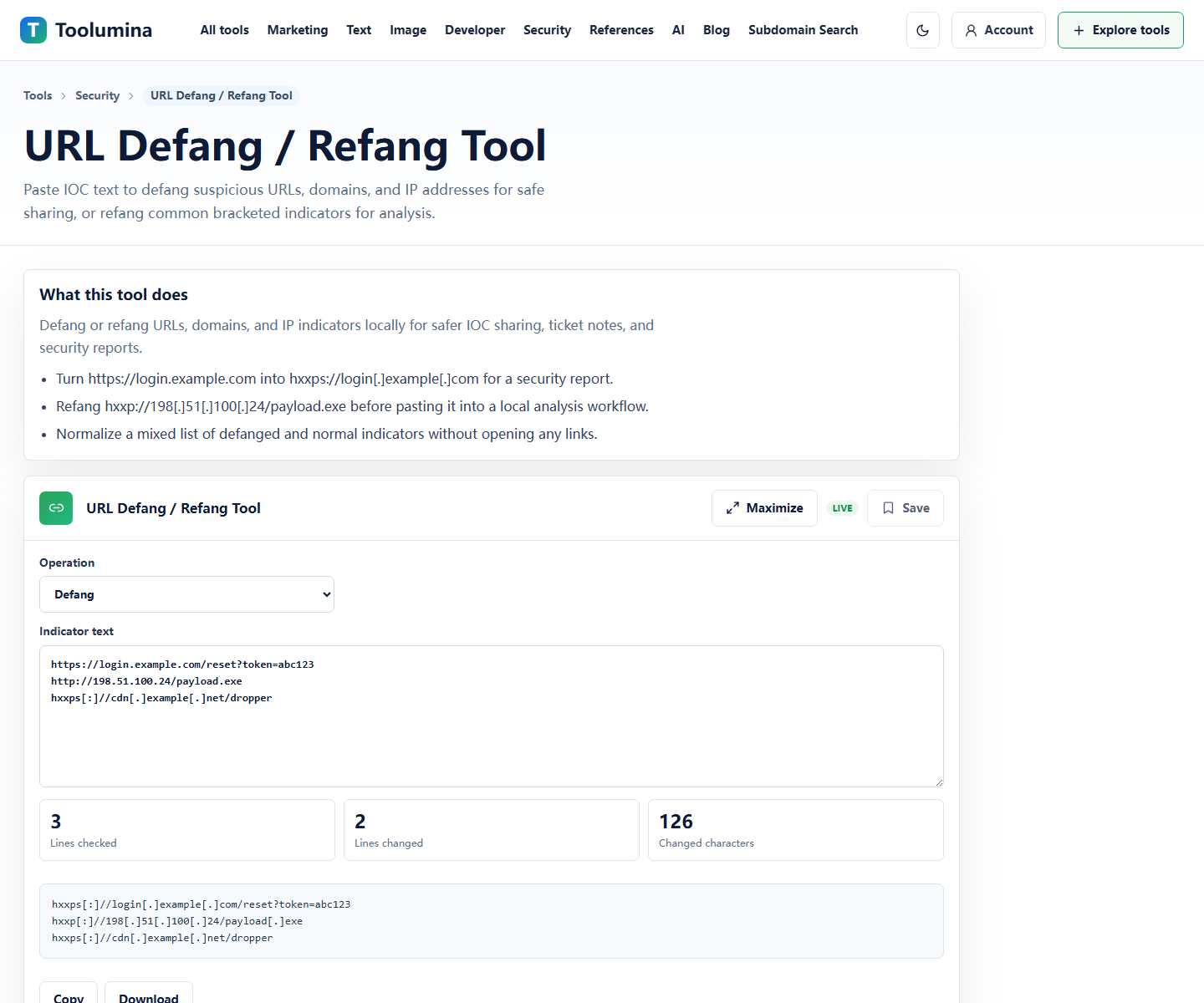 Toolumina URL Defang and Refang page converting suspicious URLs into safer text