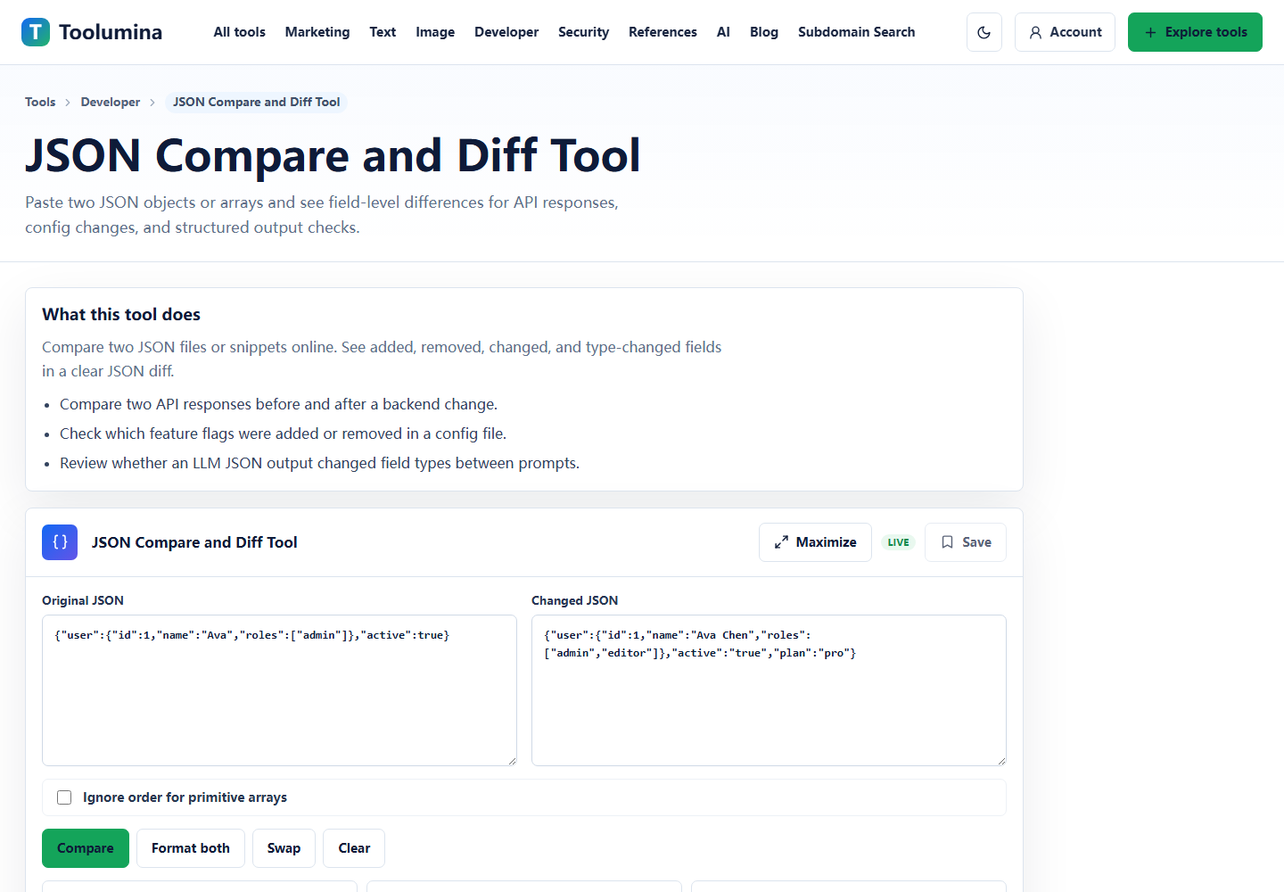 Toolumina JSON Compare page for checking differences between two JSON snippets