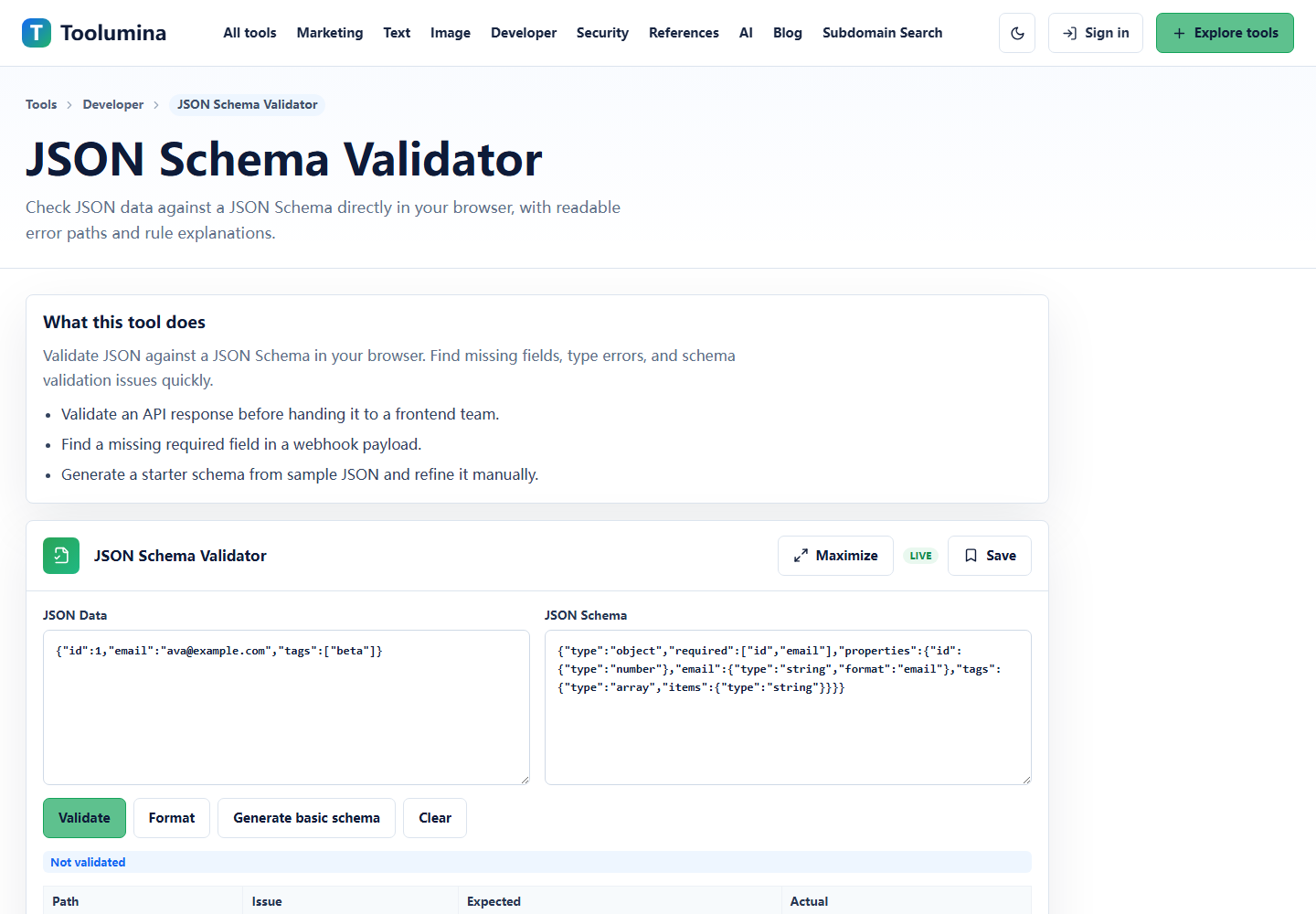 Toolumina JSON Schema Validator page with JSON data and JSON Schema input panes