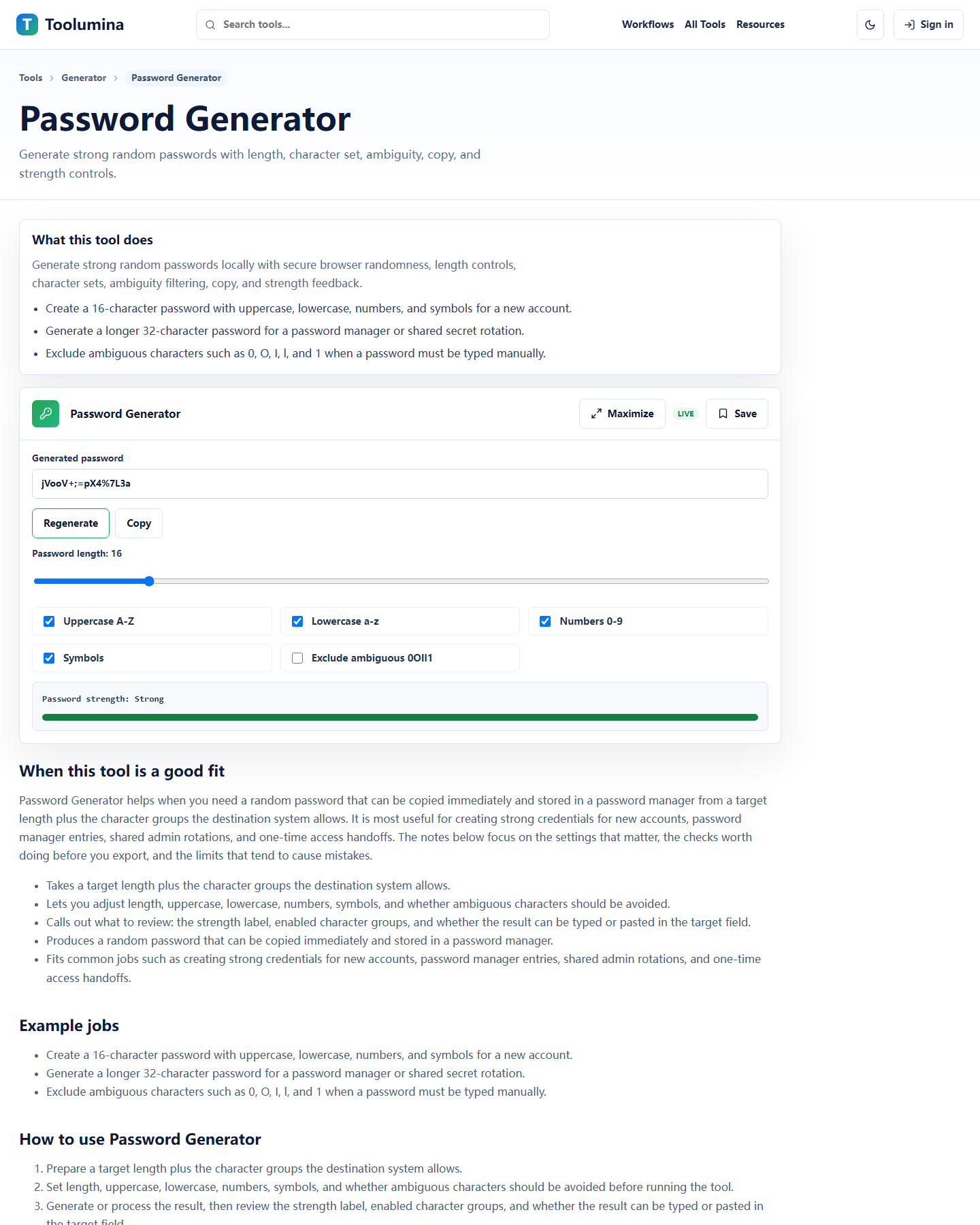 Toolumina Password Generator page with length and character settings for creating a new credential