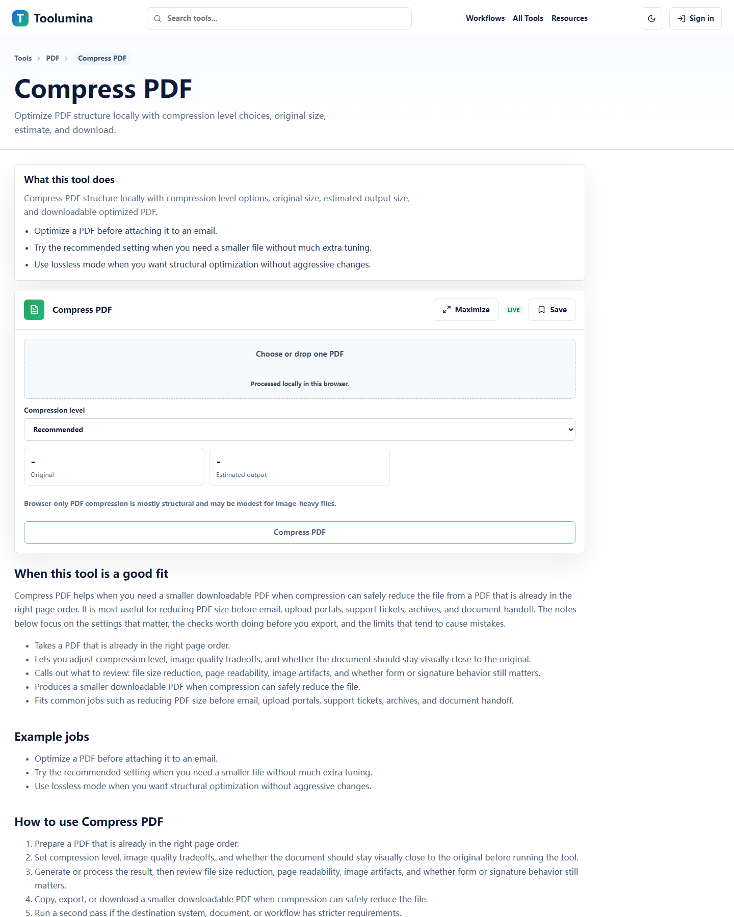 Toolumina Compress PDF page showing the final packet prepared for sharing