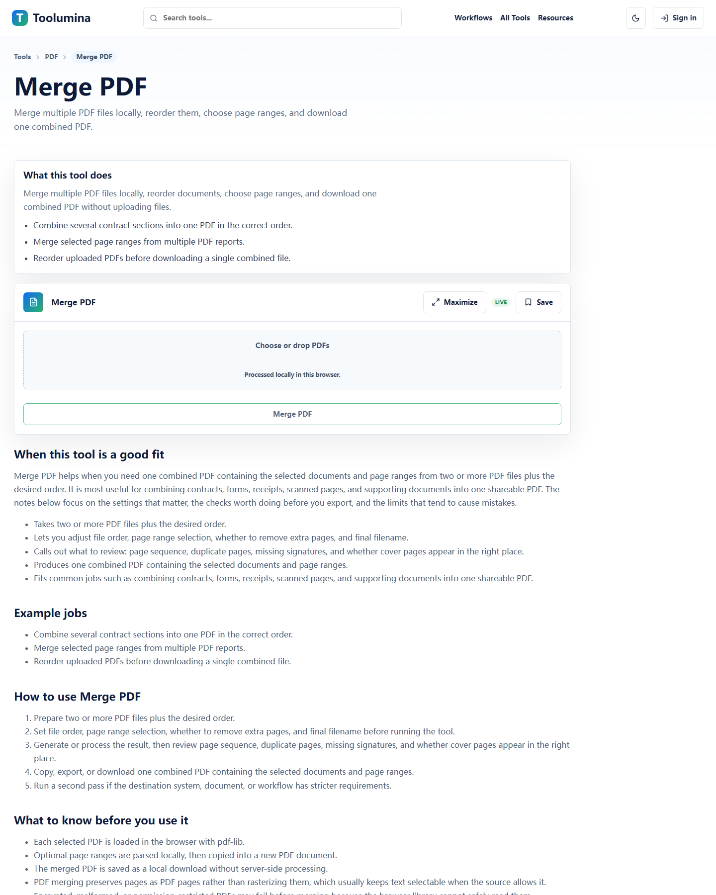 Toolumina Merge PDF page showing multiple files combined into one packet