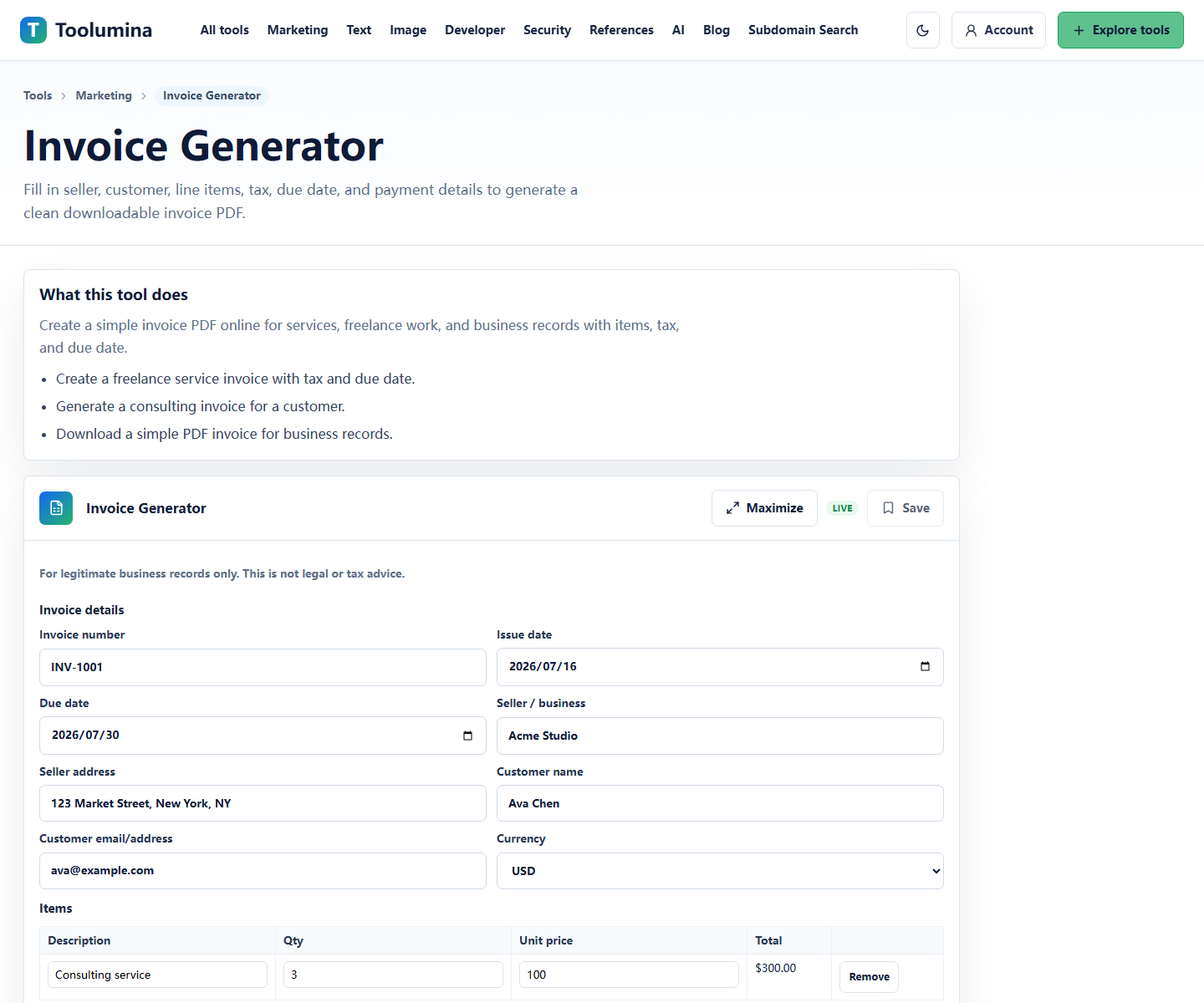 Toolumina Invoice Generator page with invoice fields and preview