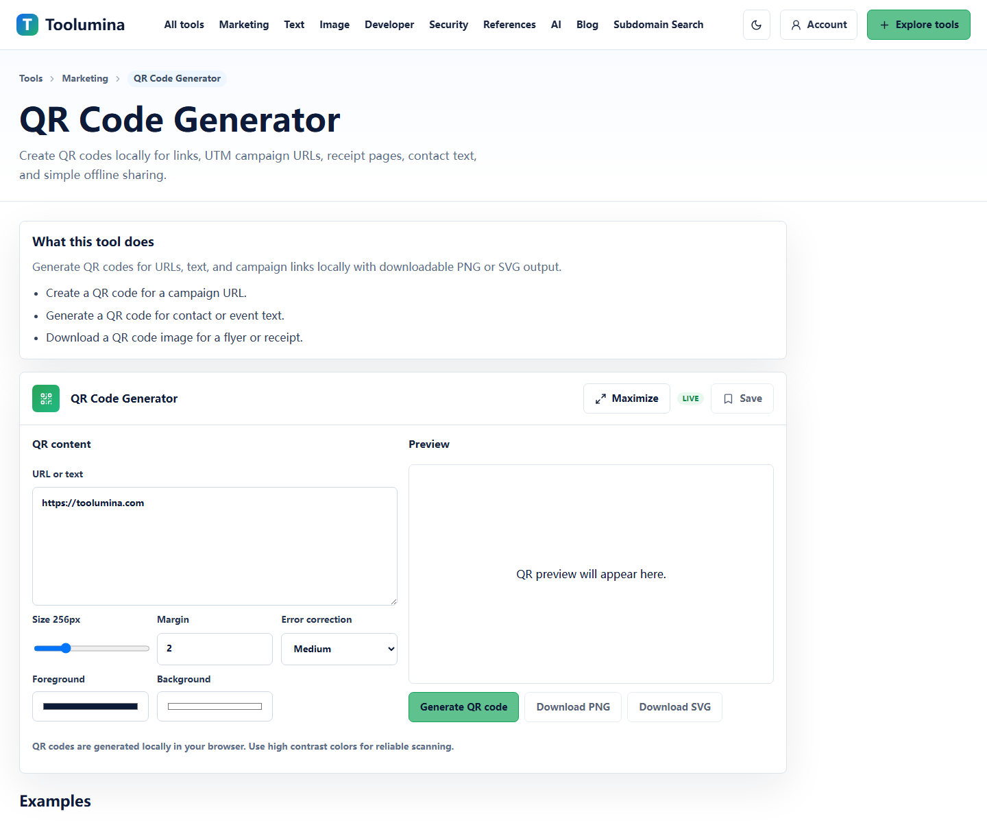 Toolumina QR Code Generator page with QR code content and customization controls