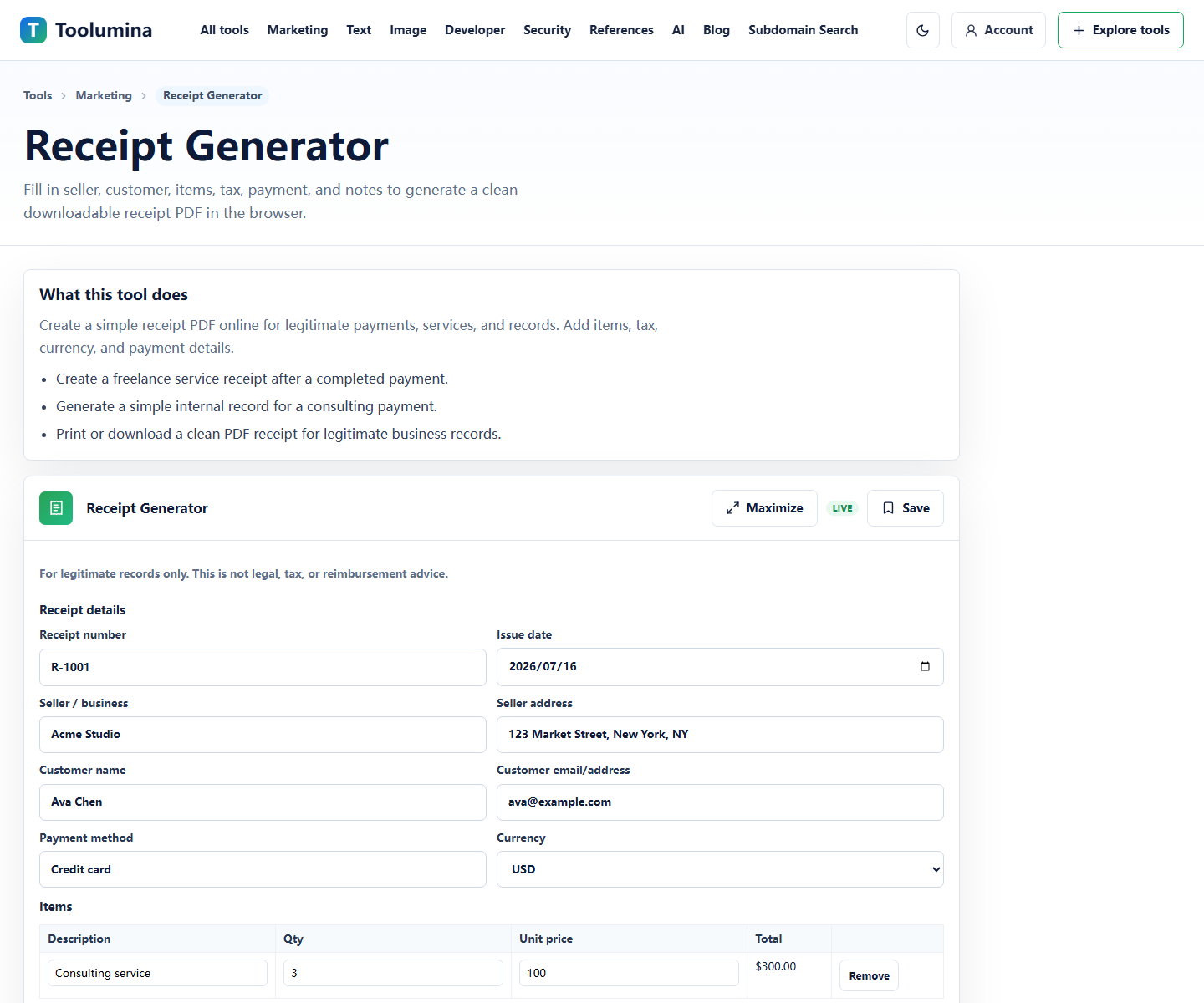 Toolumina Receipt Generator page with receipt item fields and preview