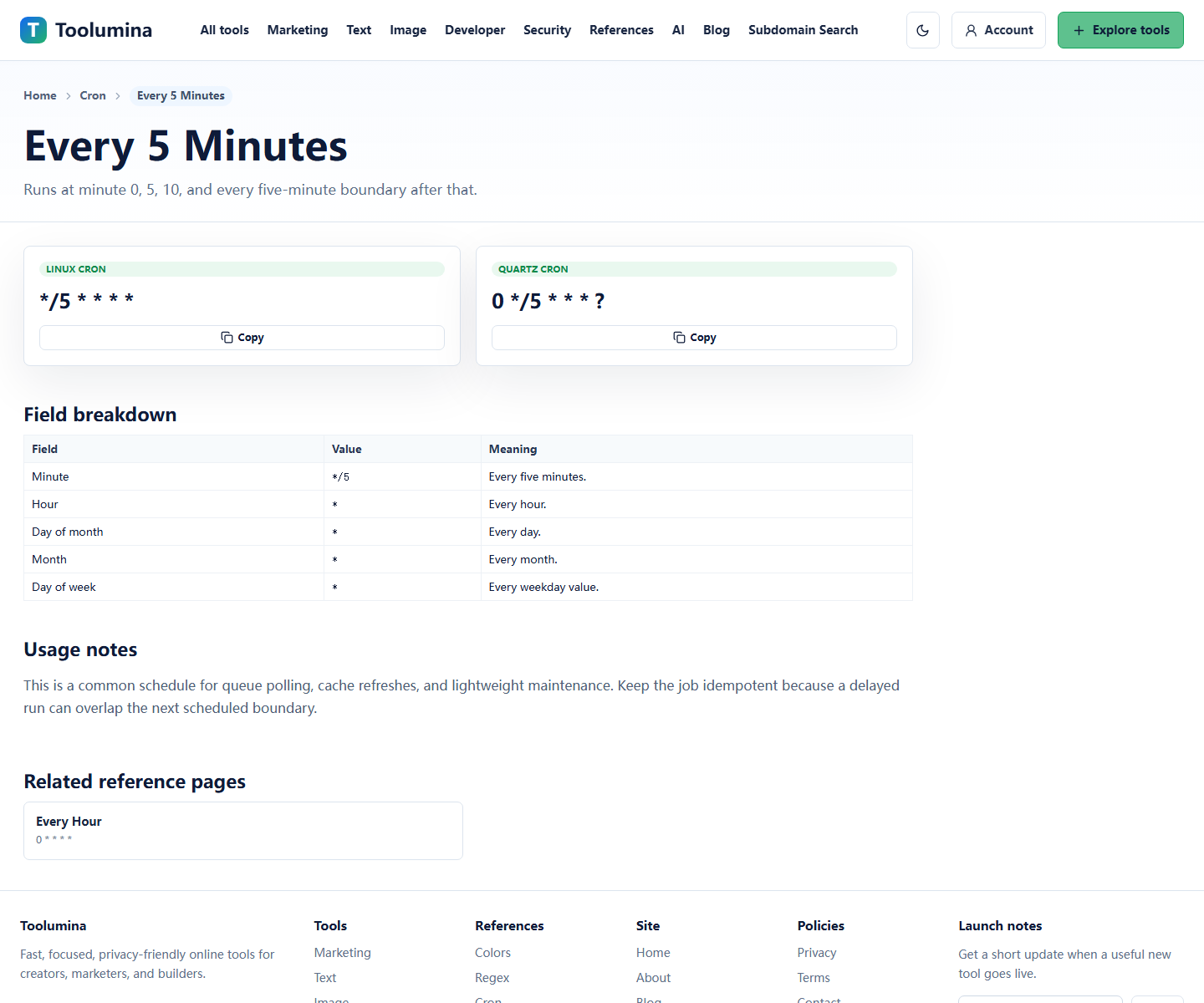 Toolumina Cron every five minutes reference page showing cron expression examples