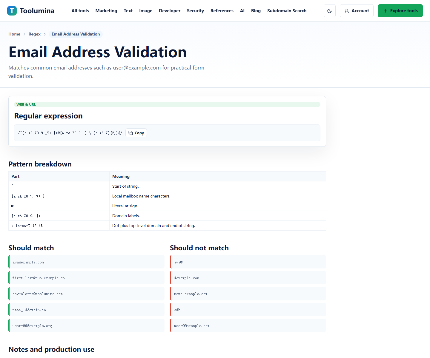 Toolumina Regex email reference page showing an email pattern and examples