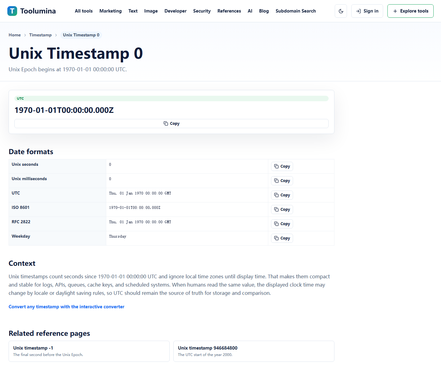 Toolumina Unix timestamp zero reference page showing timestamp conversion details