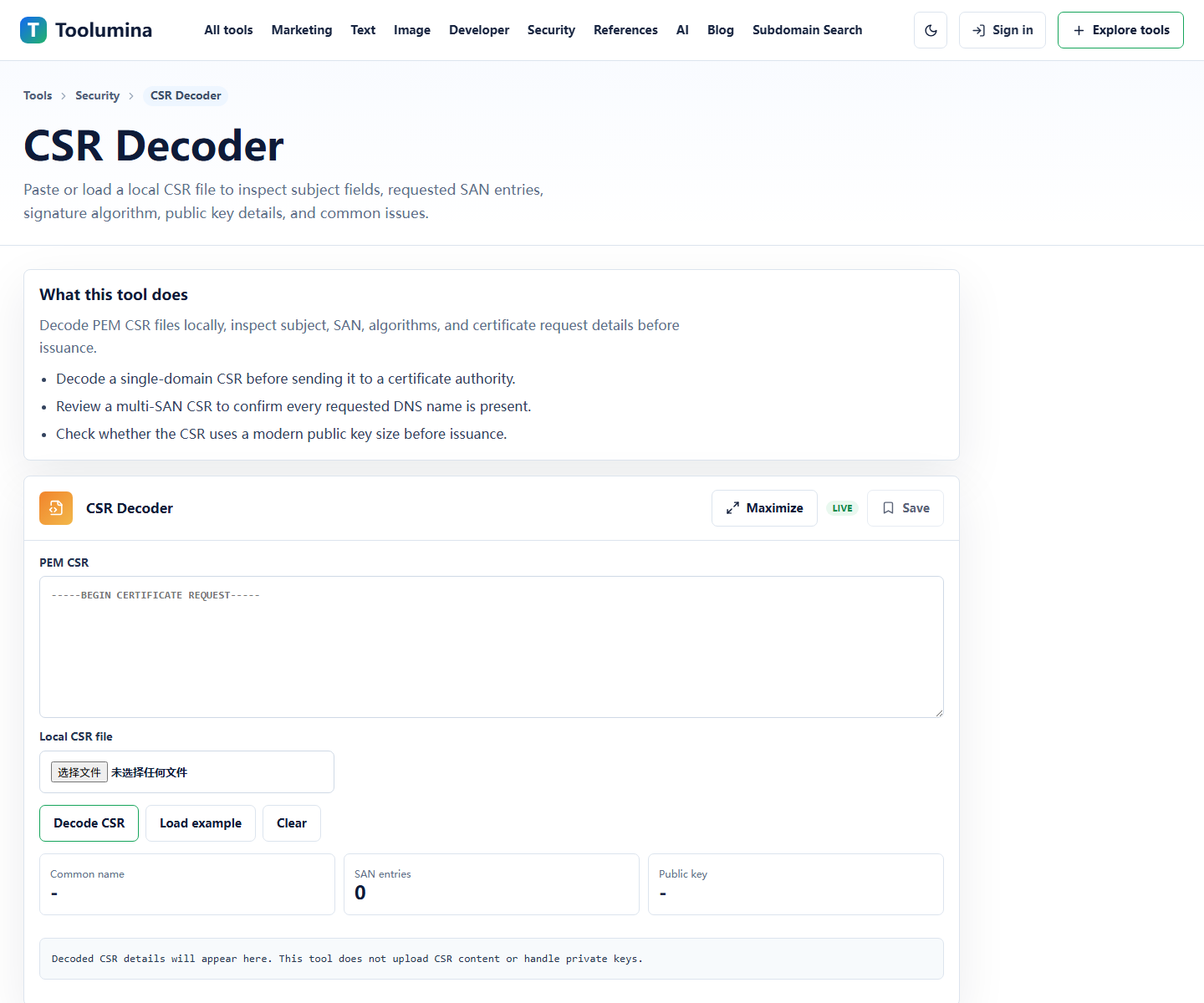 Toolumina CSR Decoder page with a certificate signing request input area