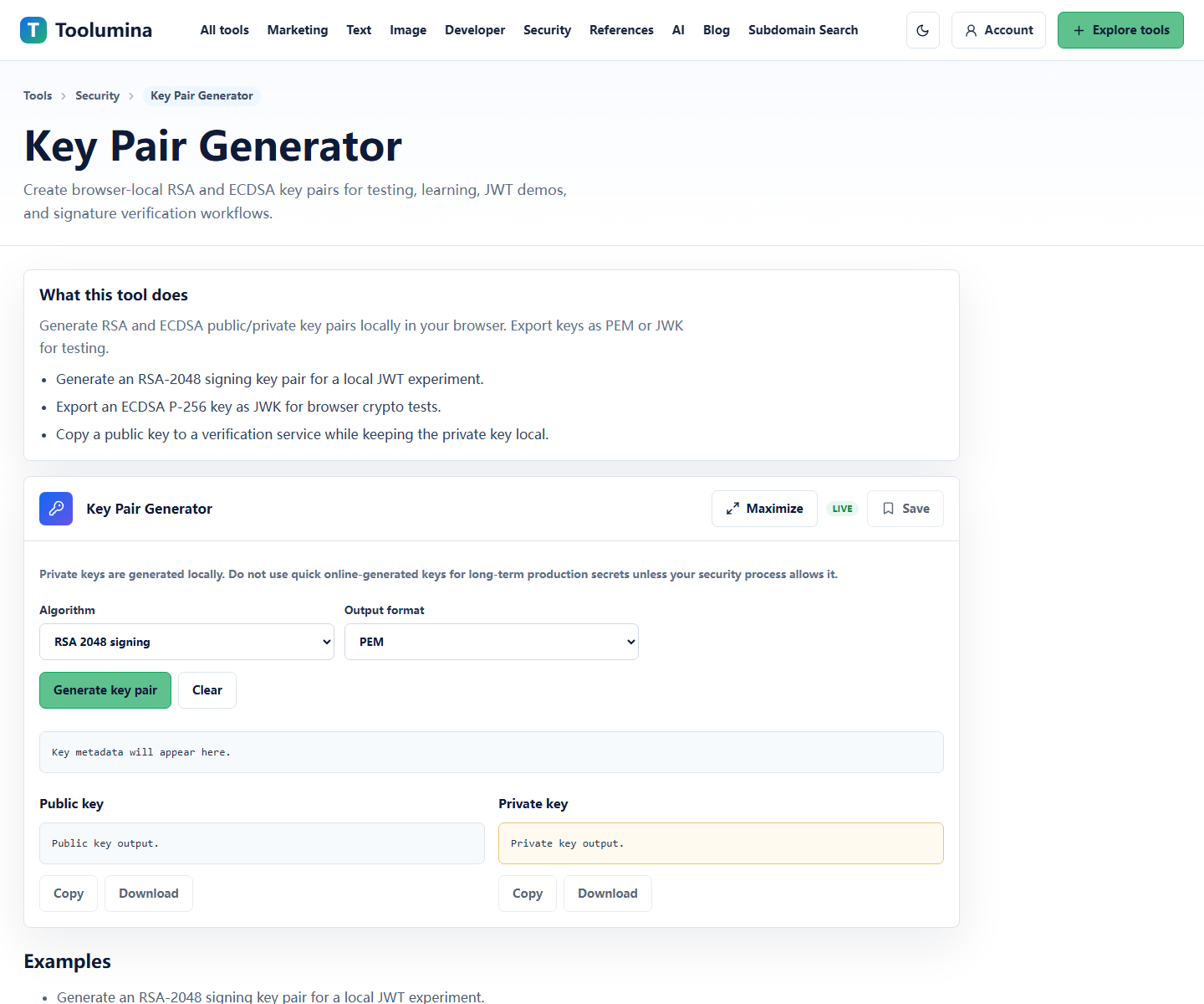 Toolumina Key Pair Generator page for generating key material in the browser