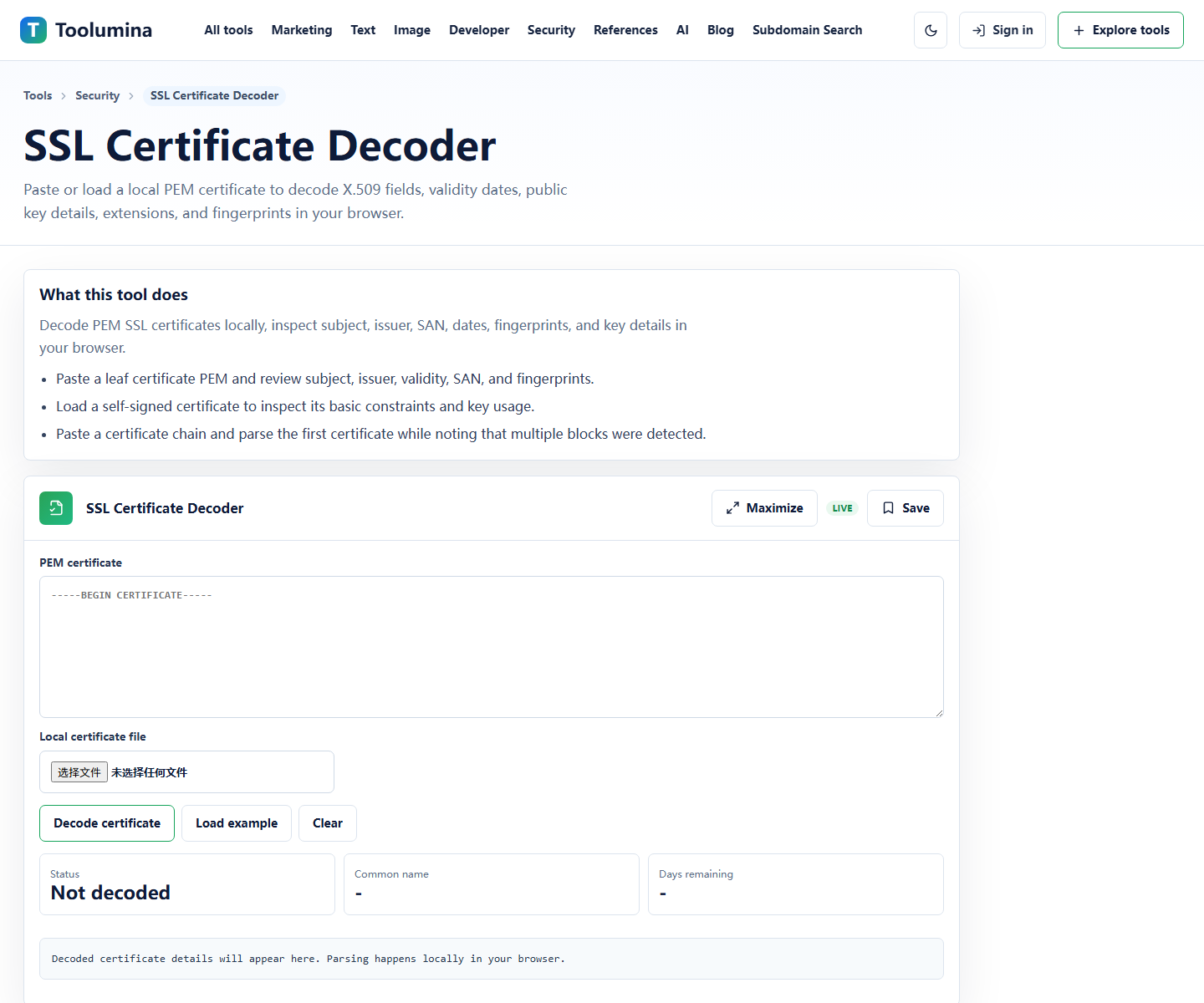 Toolumina SSL Certificate Decoder page showing certificate input and decoded certificate details