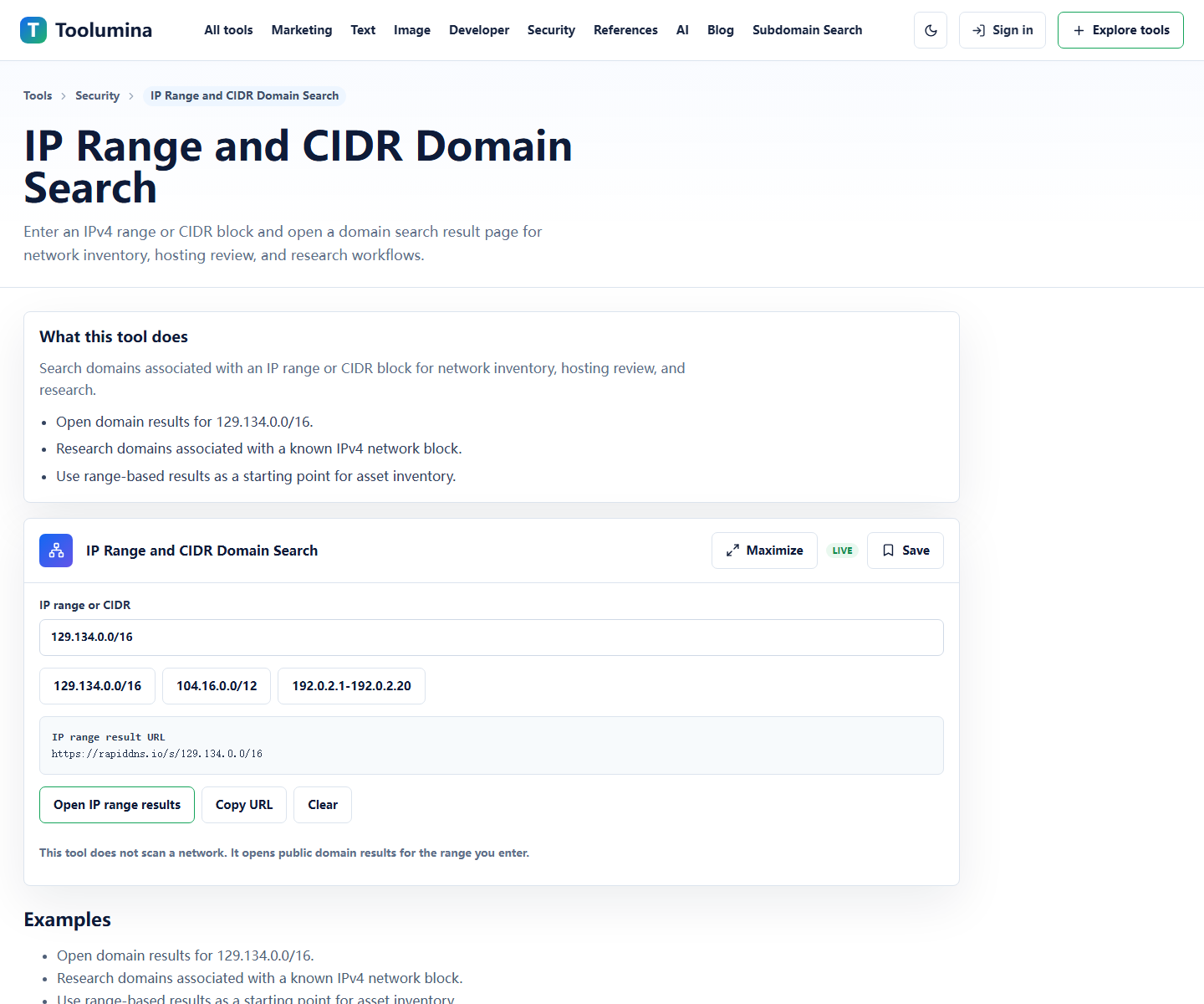 Toolumina IP Range and CIDR Domain Search page for network-level domain research