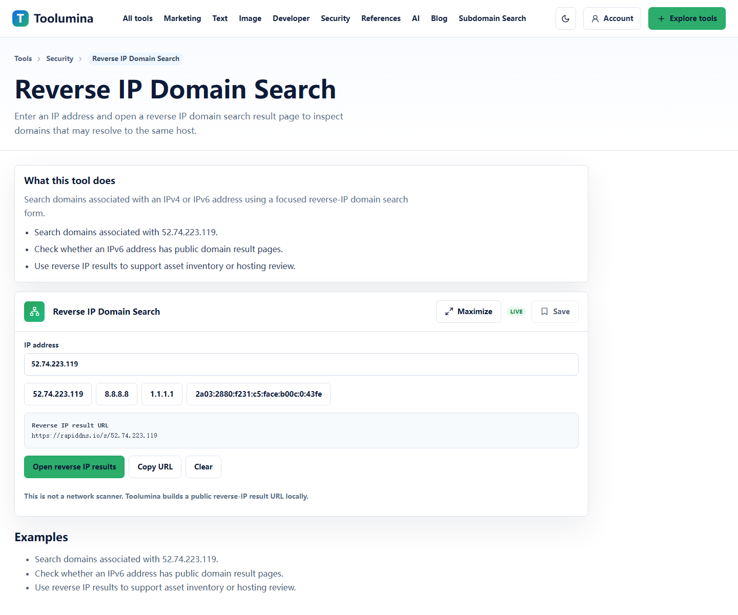 Toolumina Reverse IP Domain Search page for finding domains associated with an IP address