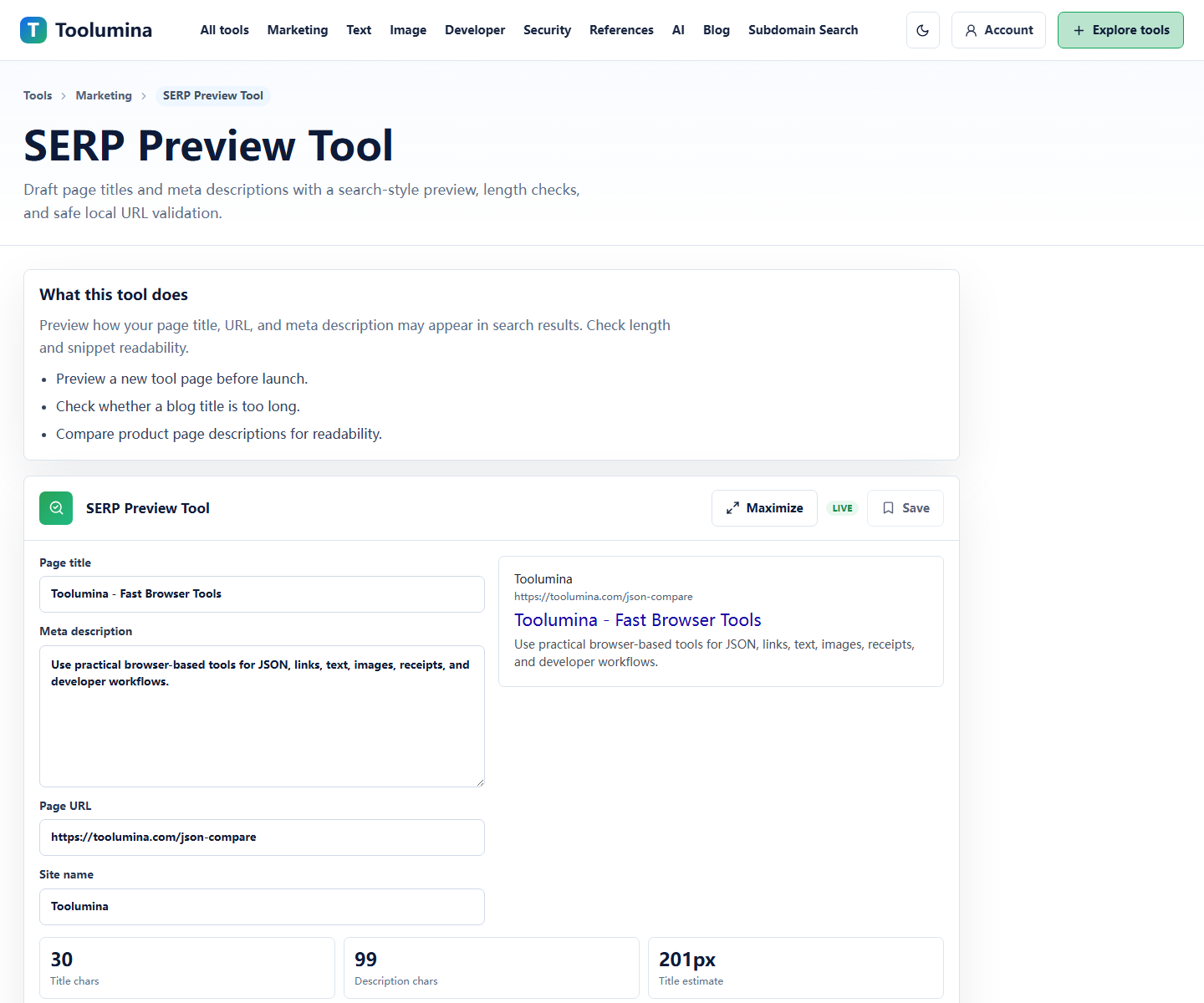 Toolumina SERP Preview Tool page showing title and meta description preview controls