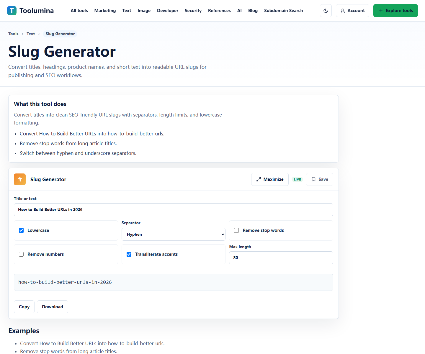 Toolumina Slug Generator page for creating readable URL slugs
