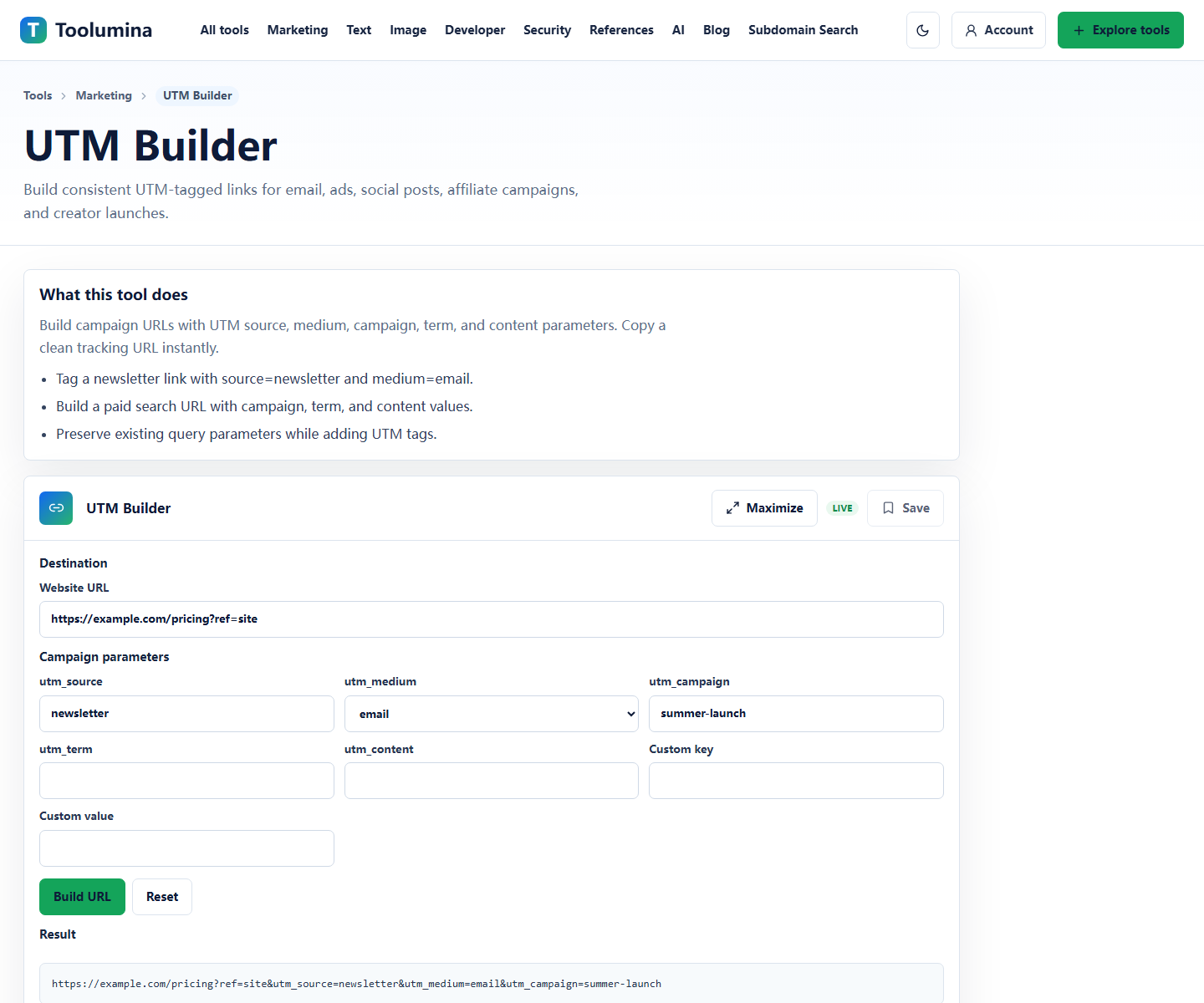 Toolumina UTM Builder page with campaign URL fields and generated tracking link